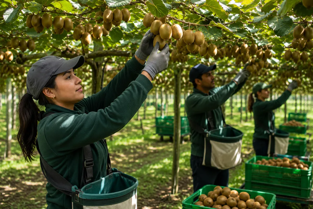 Picking kiwifruit into bins